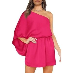 MSIEESO Women Fuchsia One Shoulder Batwing Sleeve Elastic Waist Mini Dress S